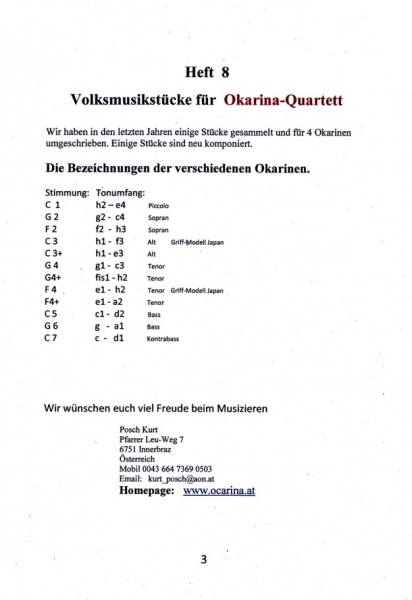 Heft 8 Volksmusikstücke für Okarina-Quartett