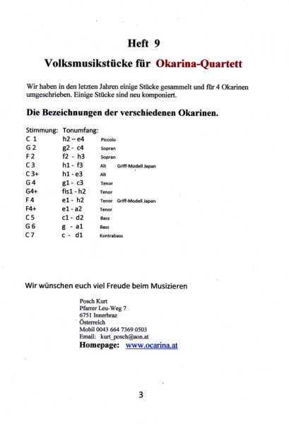 Heft 9 Volksmusikstücke für Okarina-Quartett